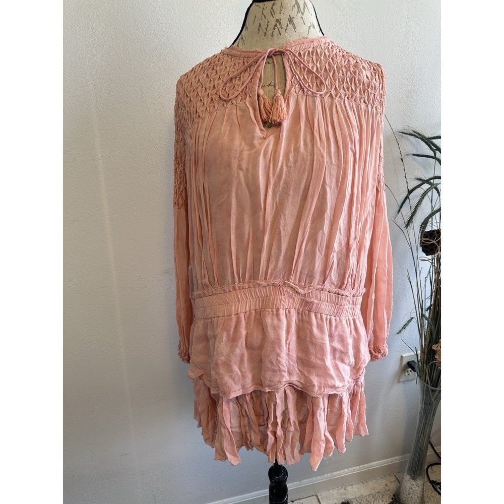 LoveShackFancy Marsala Pink Mini Dress Tiered Tie Smocked Long Sleeve‎ Ruffle M